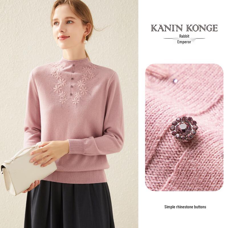 

TUHUANG Women s Pure Wool Embroidered Semi-High Neck Knit Sweater L (165/88A)