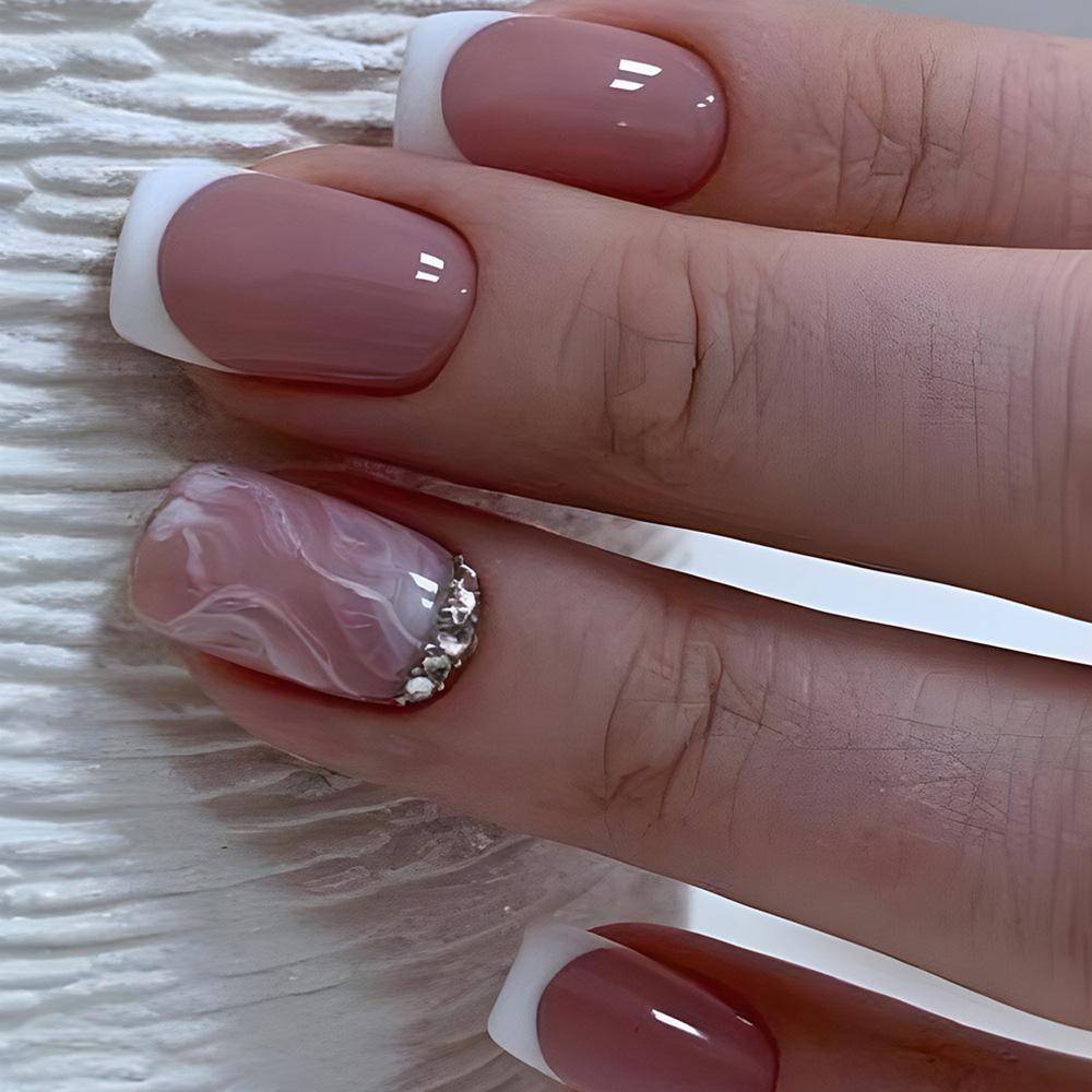 24Pcs Short Square Press On Nails Simple Gradient Silver Sequin French Full Cover Fake Nails