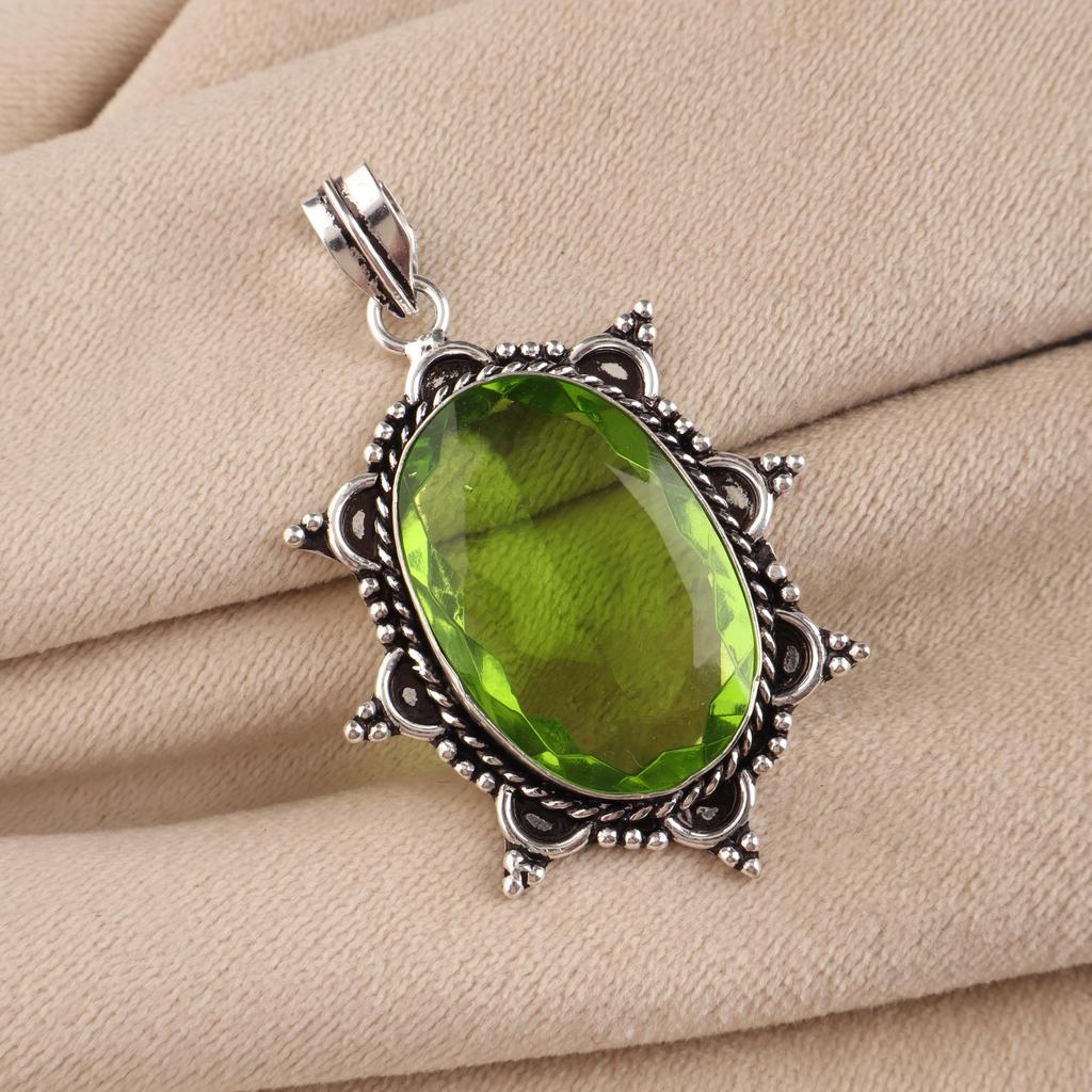 Peridot Gemstone Silver Statement Pendant 2.5", 925 Sterling Silver Handmade Necklace For Gift APP-1-2