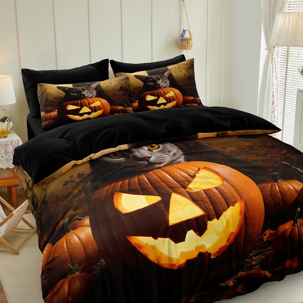 Cat Pumpkin Duvet Cover Set Halloween Comforter Cover Ghost Bedding Set Horror Quilt Cover Black Room Decor 3PCS NO Comforter