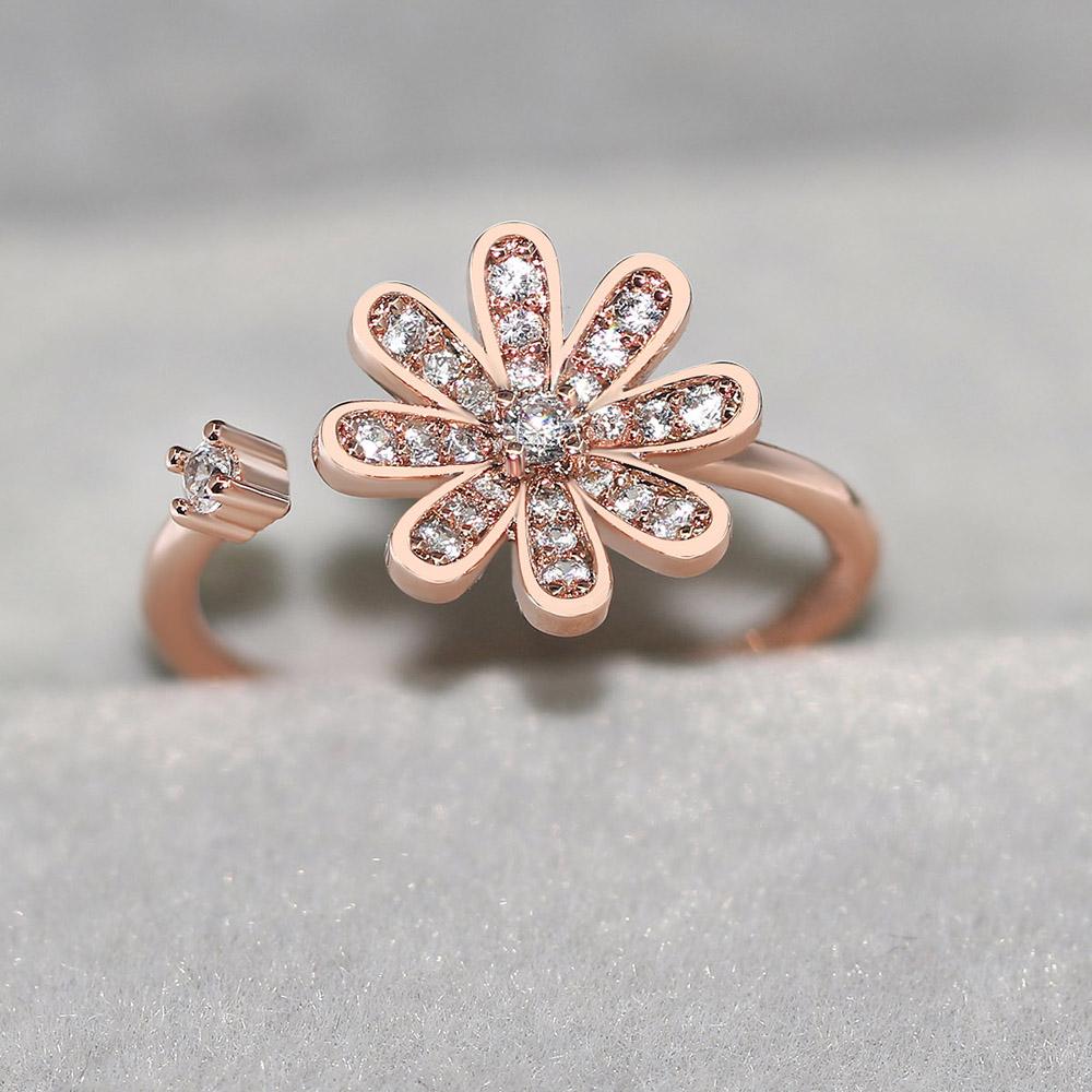 Trend Y2k Sparkling Flower Finger Rings For Women Girls Rose Gold Color Zircon Crystal Dating Romantic Ring Fashion Jewelry R080