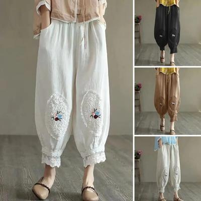 Pantaloni vintage Boho in cotone e lino per donna Tasche estive Pantaloni da spiaggia sottili Pantaloni Harem larghi casual a vita alta da donna