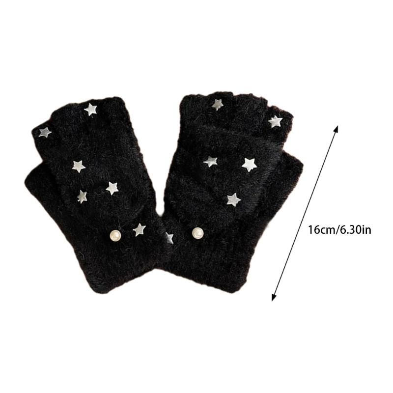 Half Finger Screentouch Gloves with Star Decors Soft Rex Rabbit Furs Short Gloves for Students Girl Winter Daily Wear