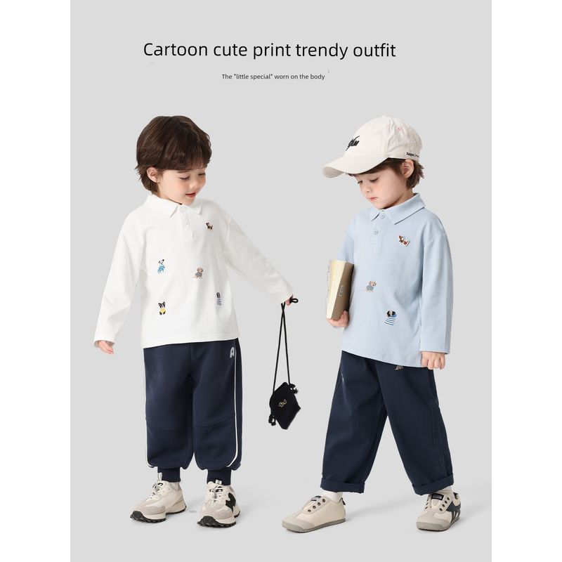Right European Style Boys' Cartoon Puppy Long-Sleeve Polo Shirt, New Autumn Children's Clothing Top, Kids' Toddler Autumn Trendy Style