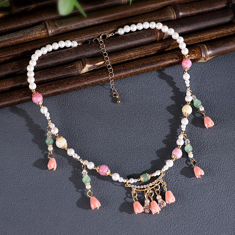 Chinese Style Pearl Necklace Hanfu Accessory Zinc Alloy Hollow Carved Pendant Long Chain Necklace