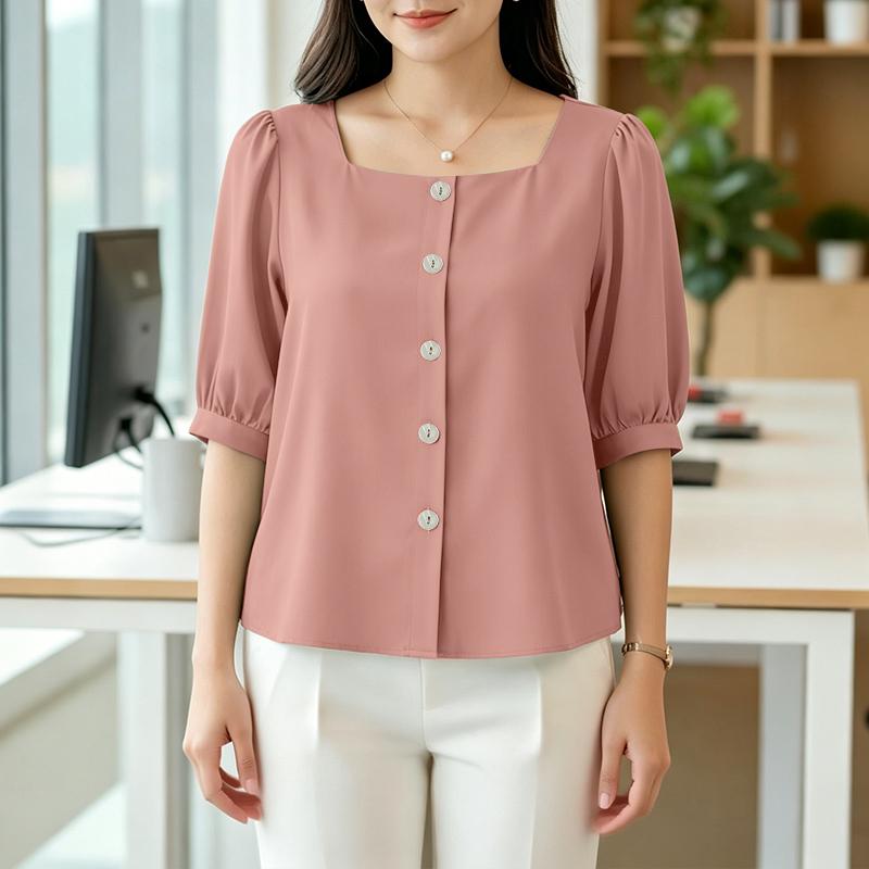 ZANZEA Women Casual Square Collar Solid Color Loose Half Sleeve Blouse