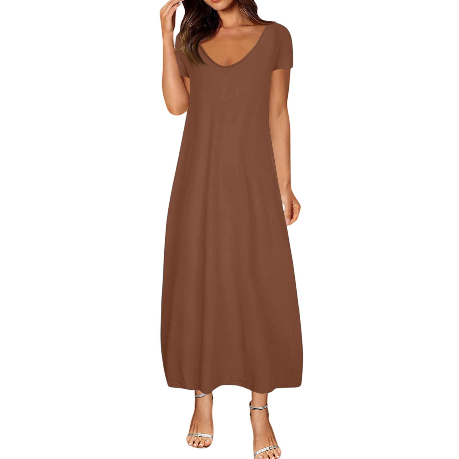 

Женские летние платья больших размеров однотонные сексуальные с коротким рукавом и карманами свободного кроя S кофейный