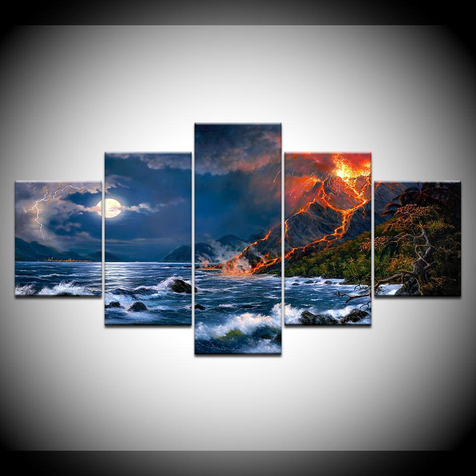 

Volcanic eruptions and sea 5 Piece HD Wallpapers Art Canvas Print modern Poster Modular art painting for Living Room Home Decor 20x35 20x45 20x55cm