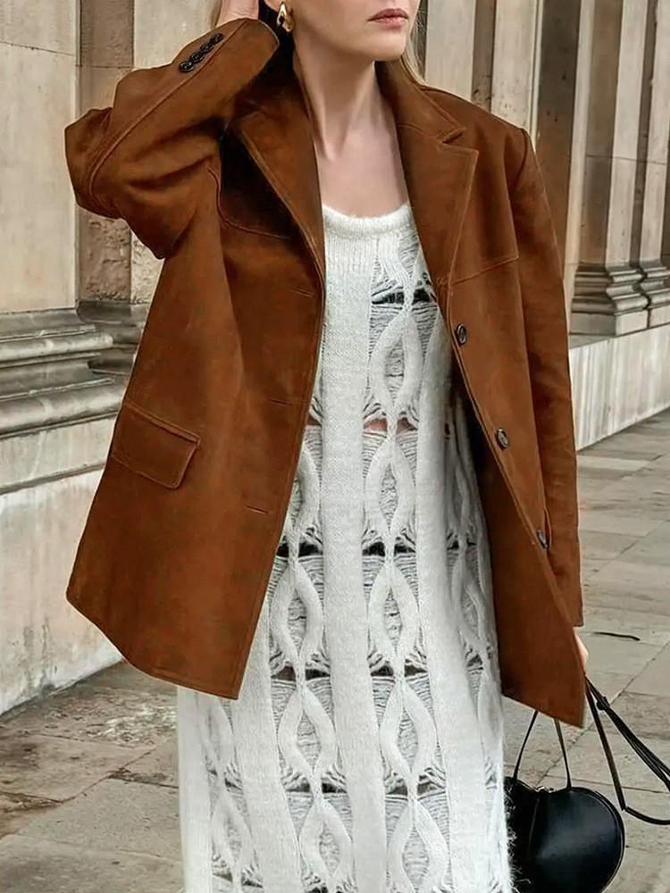 Women's Retro Brown Loose Pocket Long Sleeve Suit Jacket