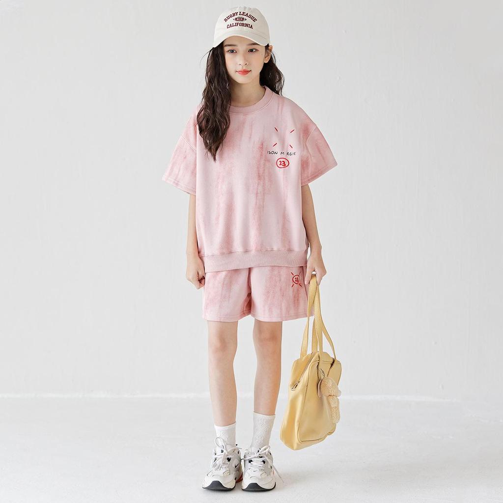 2025 Korean Style Girls' Tie-Dye Short Sleeve Pants Set - Fashionable Big Kid Sports Two-Piece Outfit