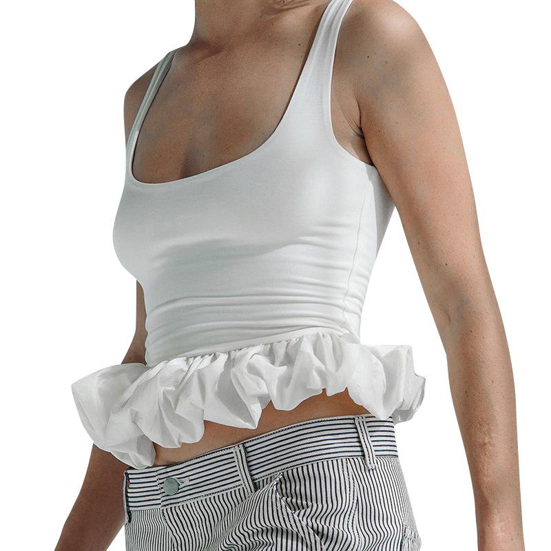 Square Neck Tank Tops For Women Sleeveless Backless Crop Top With Peplum Bubble Hem Summer Top Black White