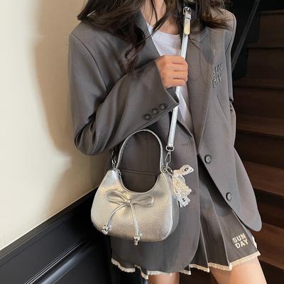 Sweet Handbag Women's  New Niche Solid Color Crescent Bag Bow Messenger Bag