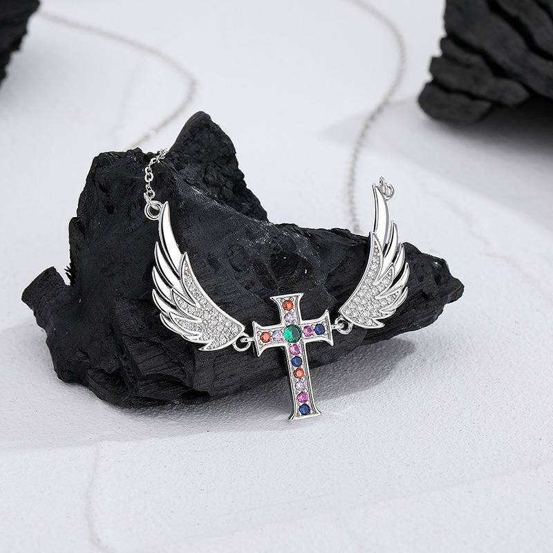 S925 Sterling Silver Angel Wings Necklace Women's Niche Design Wings Cross Pendant Light Luxury Premium Clavicle Chain