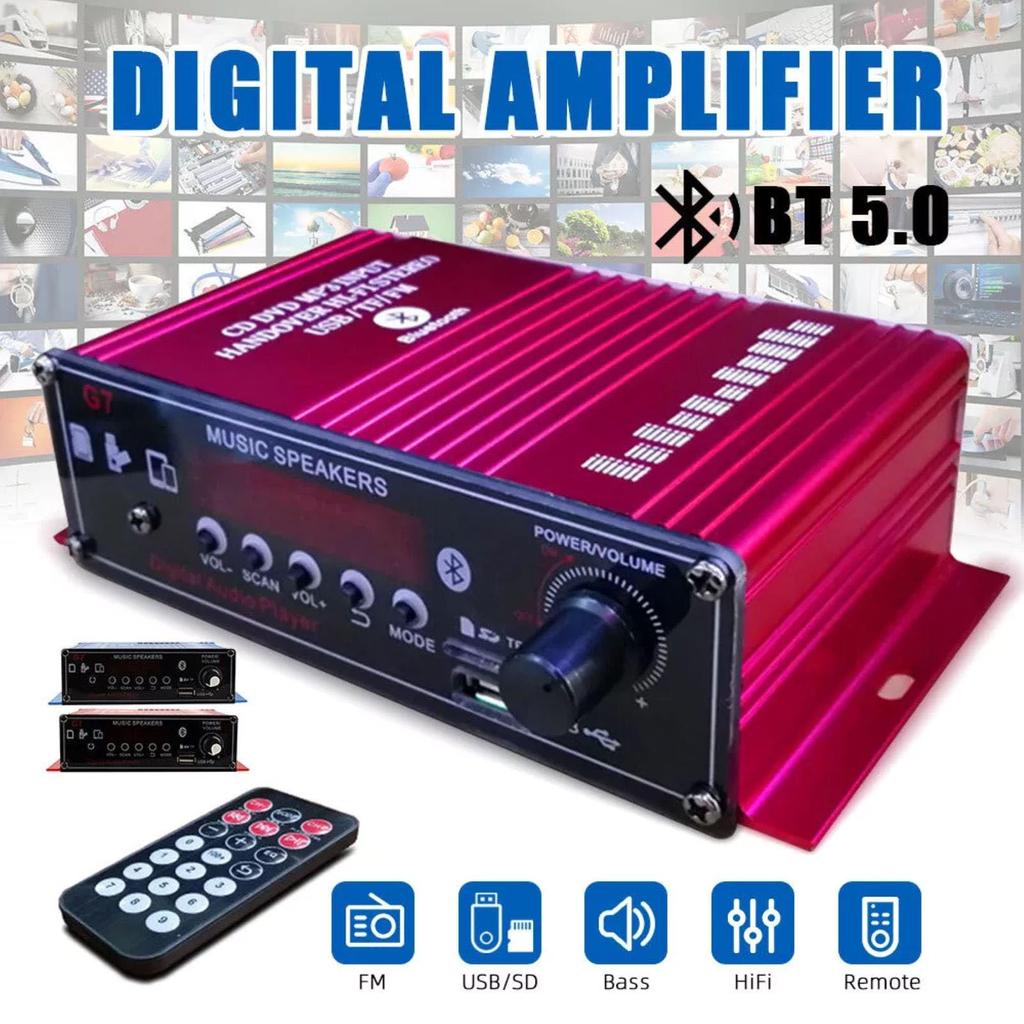 DC 12V Power Amplifier with Dual Mic Stereo FM and Low Latency Digital Audio Player BT5.0 Hi-Fi Input, 2-Channel Sound, Built-in Radio,