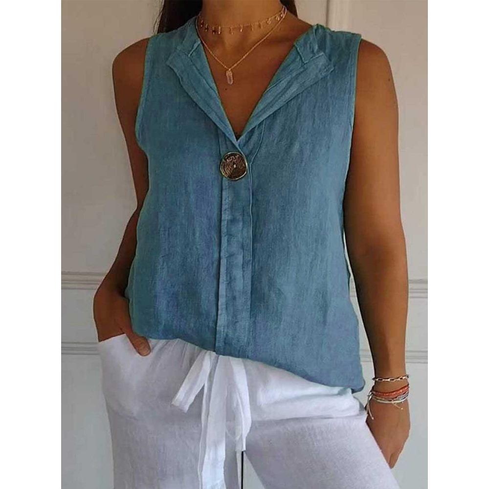 Women's Shirts Fashion Fake Cardigan V-neck Cotton Linen Sleeveless Casual Shirt Tops