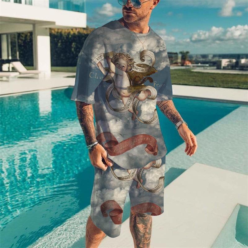 Men's Beach Breathable Short Sleeve 2 Piece Vintage Wave 3D Print T-shirt Set Summer Set Men's Fashion Tops Set Men's Clothing