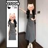 Coffee break French square collar gray dress women's small summer design sense niche slim and thin temperament long dress