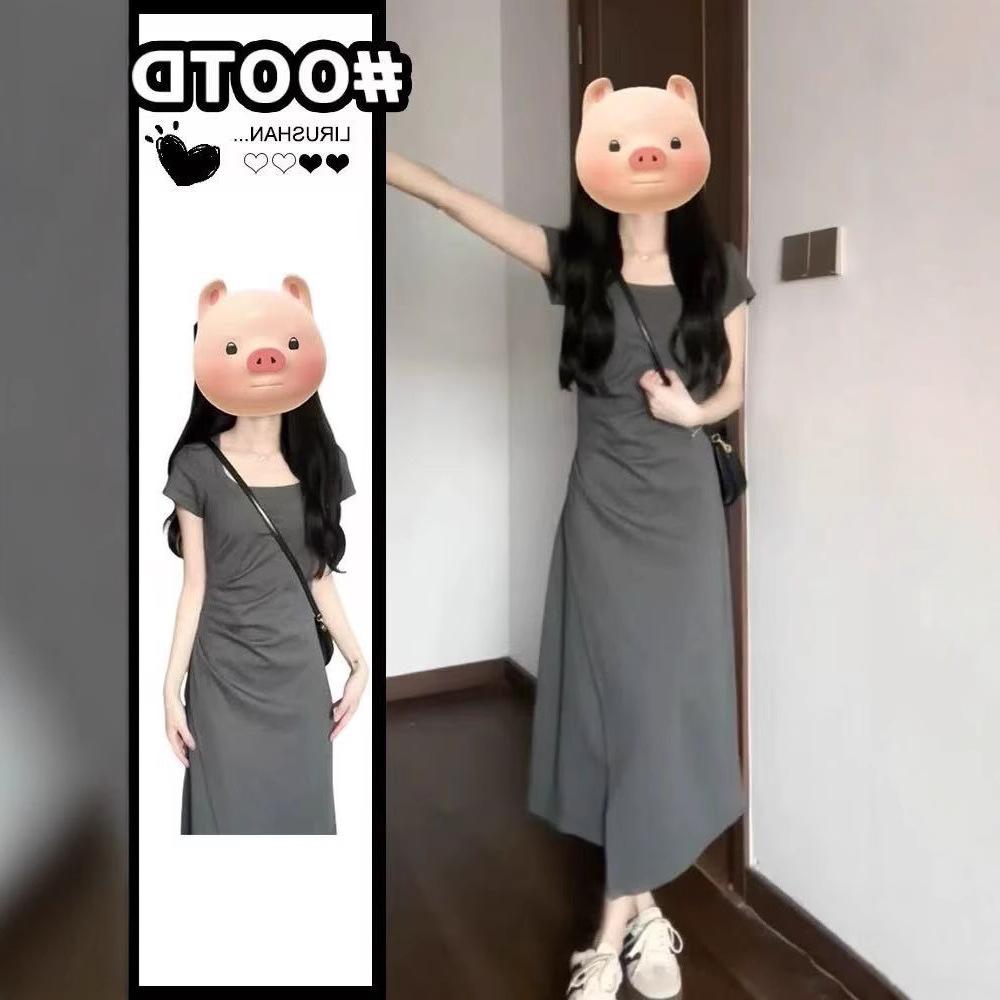 Coffee break French square collar gray dress women's small summer design sense niche slim and thin temperament long dress