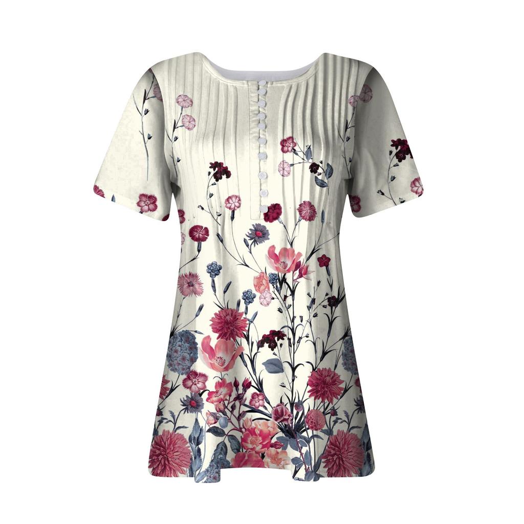 Dameskjorte Bluseknapp Retro Print Kortermet Uformell Basic Rund Hals Vanlig Topp