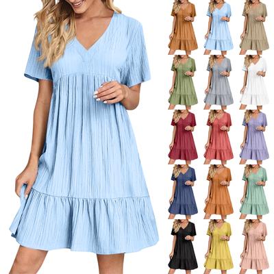 Women's  Color Casual Fashion V-neck Short Sleeved Dress