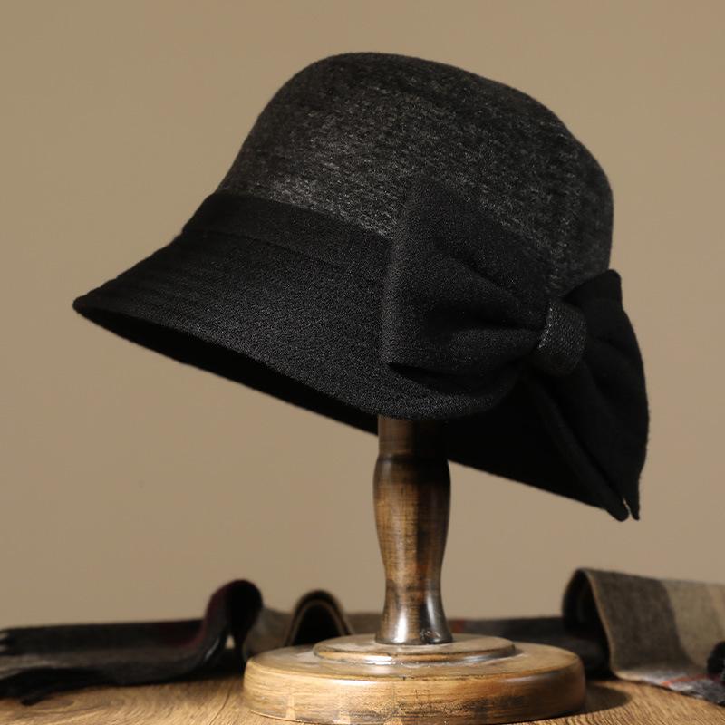 Hat Lady Autumn and Winter Middle-aged Elegant Bow Woolen Top Hat Fashion Thermal Basin Hat Versatile Bucket Hat