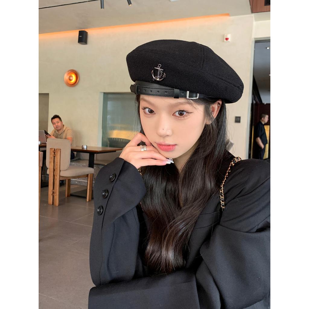 Black Beret Female Autumn and Winter Bud Hat Ins Face Flat Top Painter Hat Ins