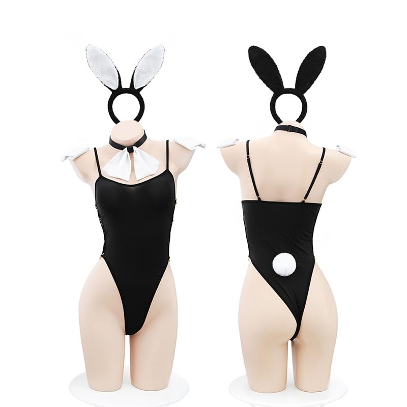 Ahegao Bunny Girl Cosplay, Plus Size, Sexy Lingerie, Extreme, Perverted Leotard, Women's Erotic Costume, Sheer, Black, Bunny Ear Headband, 5-Piece Set