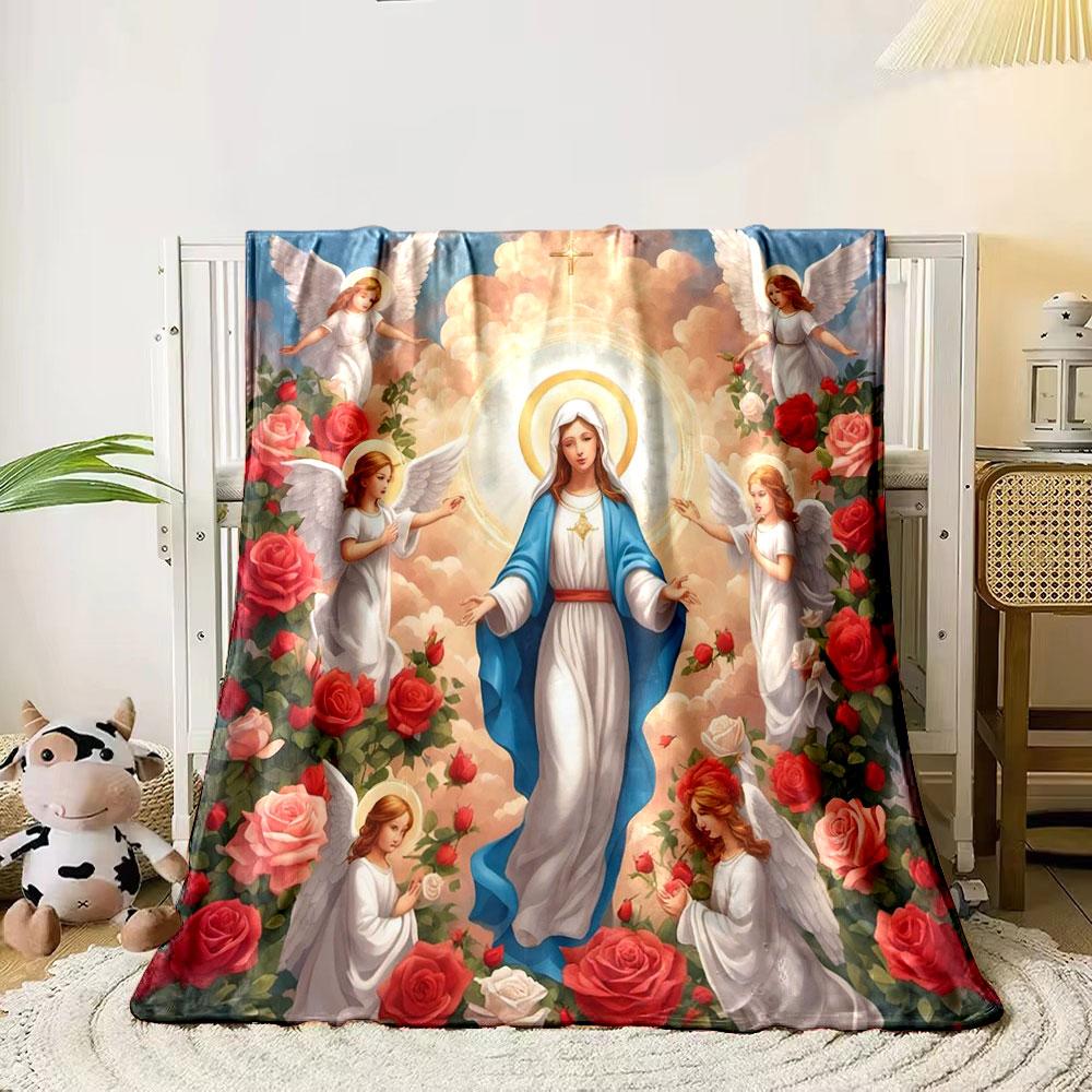 

A central holy figure surrounded by angels, roses, and glowing light. for all seasons blanket lunch break throw gift 80cm x 120cm