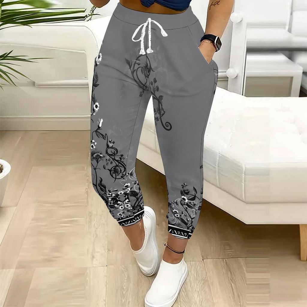 Sommer Damen Kleine Blume Patchwork Print Jogginghose Lockerer Schnitt Kordelzug Jogginghose Elastischer Bund Tägliche Lässige Hose