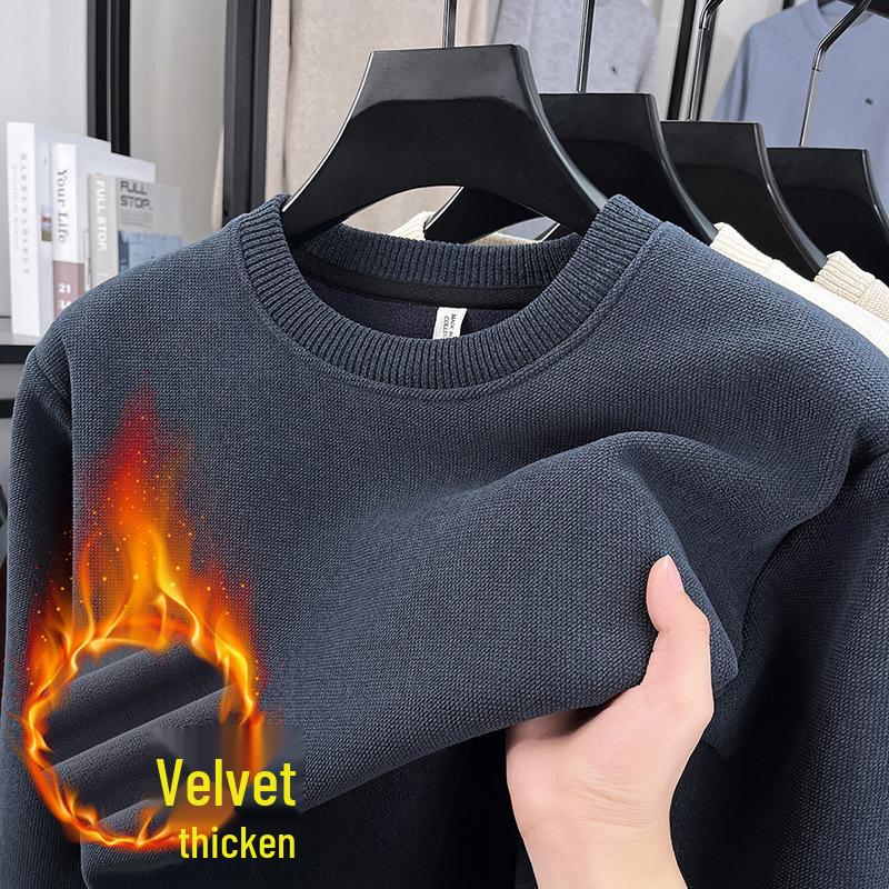 Men's Winter Warm Velvet Knit Pullover Sweater - Solid Color, Round Neck, Versatile Layer