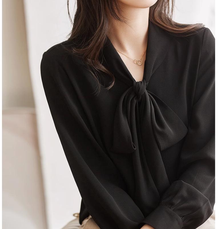 Women's Versatile Chiffon Bow Tie Lace Long Sleeve Shirt