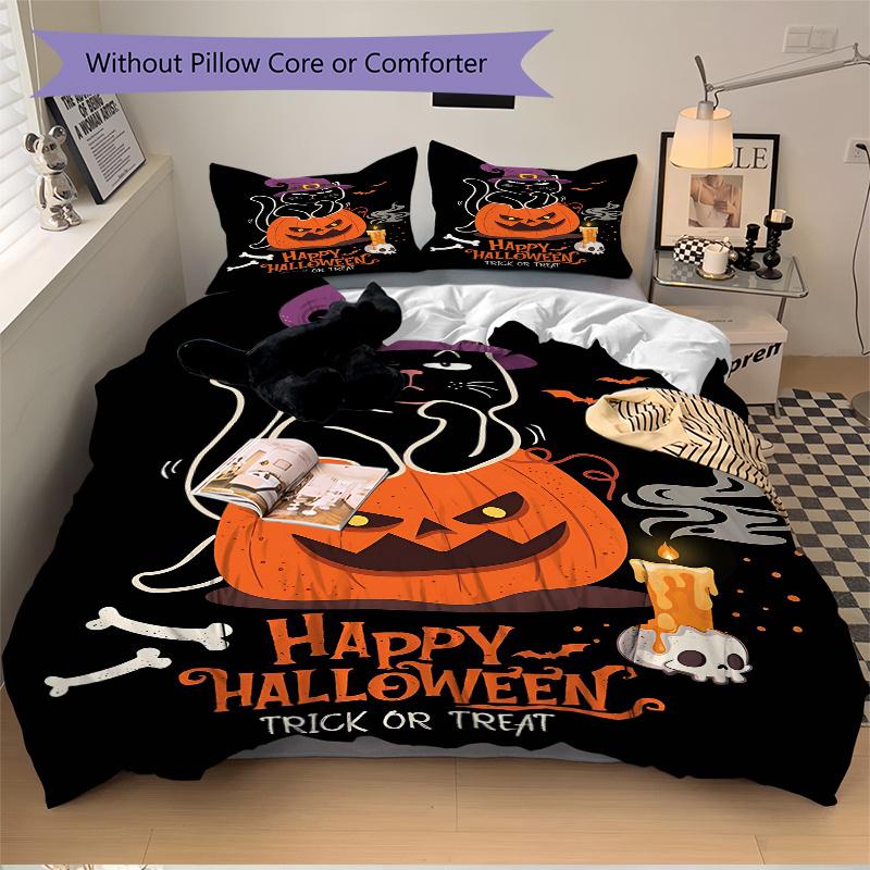 3pcs Trick or Treat Cat & Pumpkin Halloween Bedding Set - Includes Quilt Cover and Pillowcases, Suitable for All Seasons, Machine Washable -