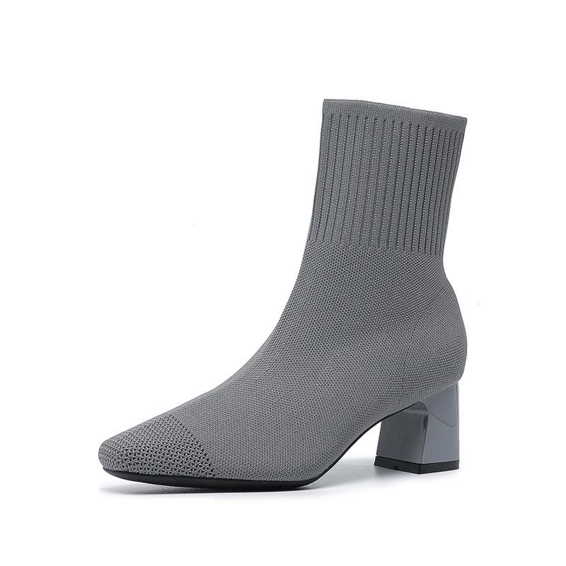 Socken-Stiefeletten für Damen, niedriger, klobiger Blockabsatz, dehnbare Slip-on-Booties, bequeme Chelsea-Stiefel aus elastischem Strick mit quadratischer Zehenpartie für Damen