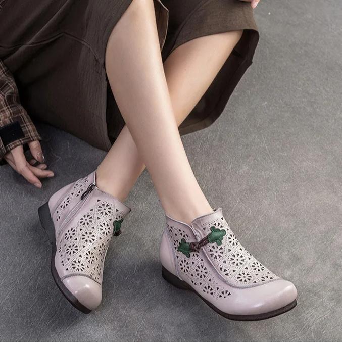 Johnature Prodyšné vyřezávané boty Letní pravá kůže Retro kulatá špička Dámské ploché sandály