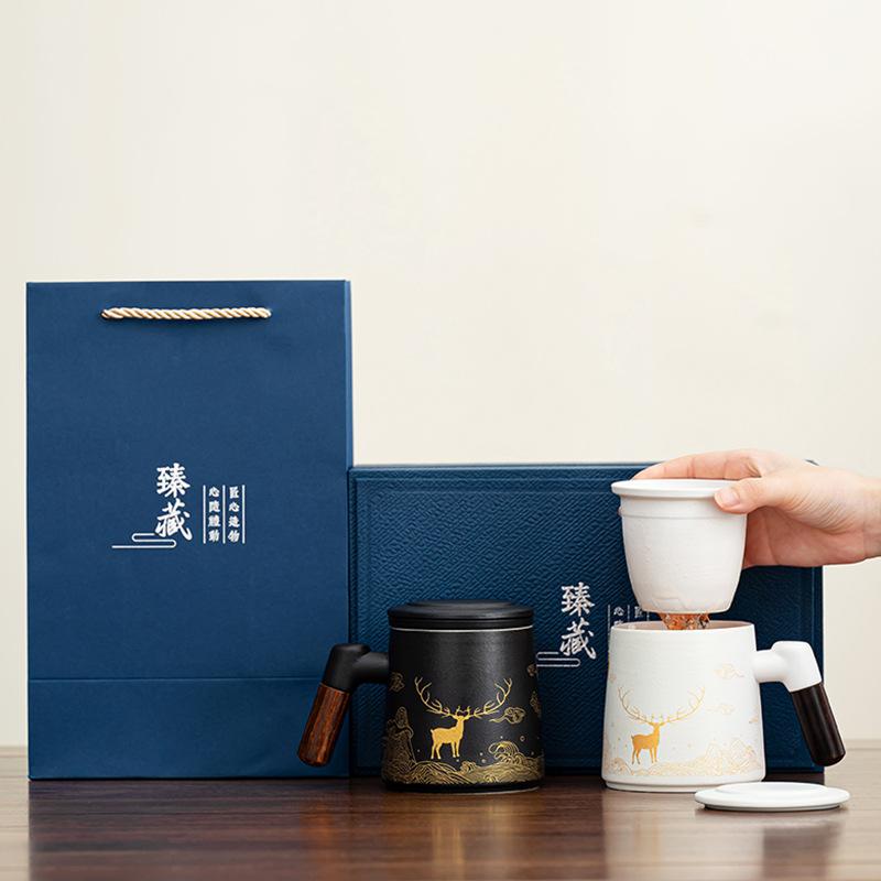 Creative Coarse Pottery Retro Mug Home Filter Golden Elk Office Coffee Cup High-end Collection Gift Box Printing