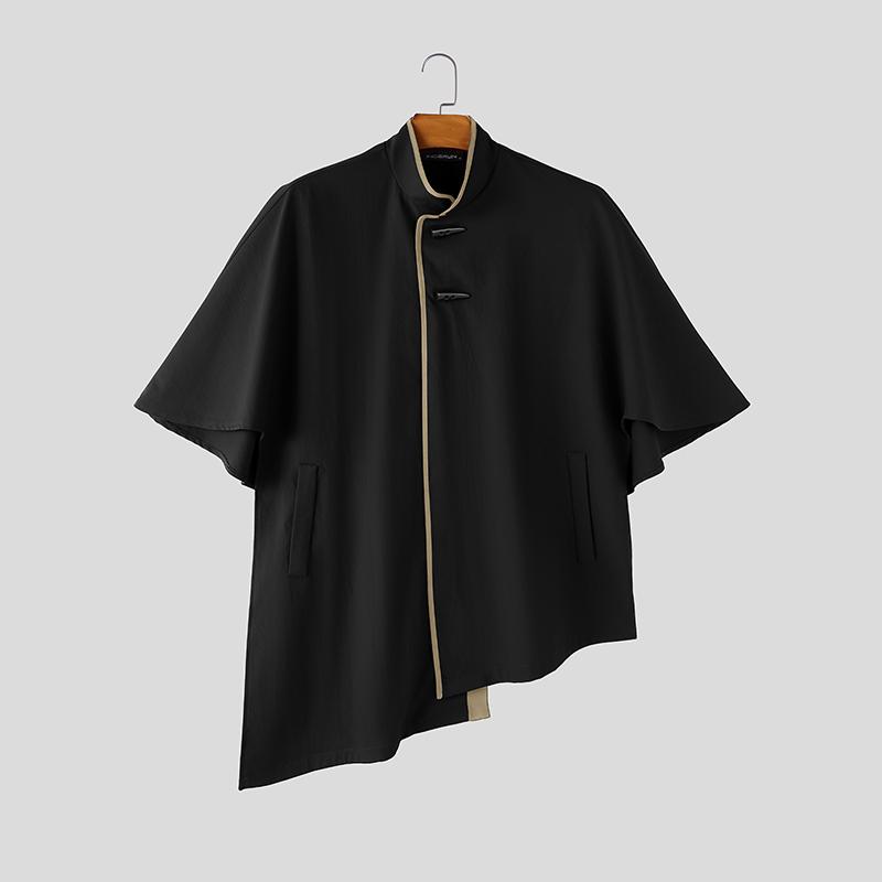 INCERUN Mens Vintage Stand Collar Cape Coat Batwing Sleeve Irregular Hem Streetwear Poncho Cloak