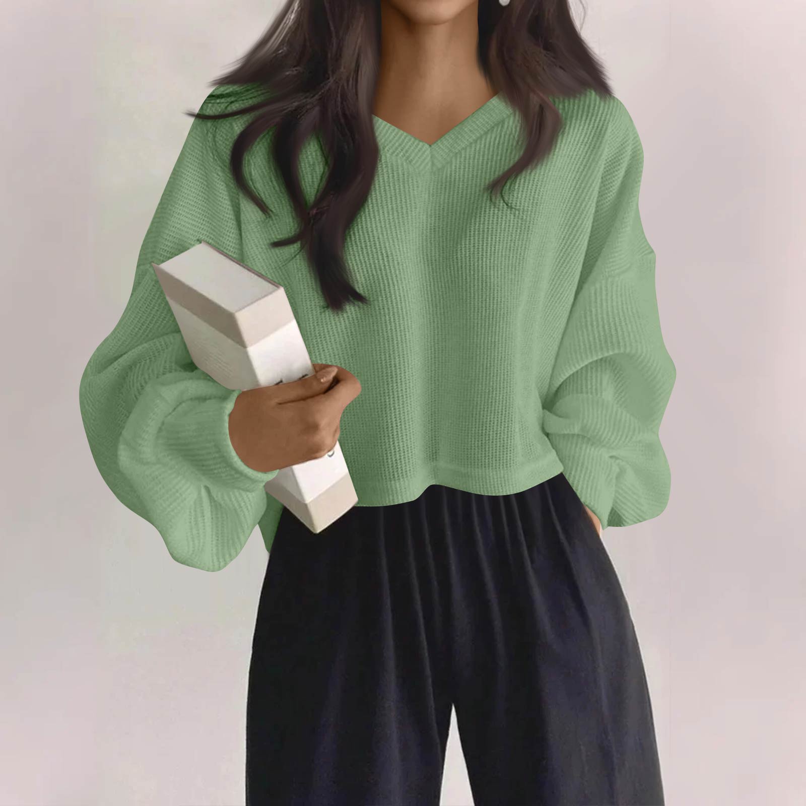 

Женский модный повседневный топ с V-образным вырезом, однотонный, с длинным рукавом S