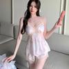 Internet Celebrity Women's Summer Ice Silk Pajamas Sexy with Chest Pads Suspenders Shorts Loungewear Printed Lace Suit