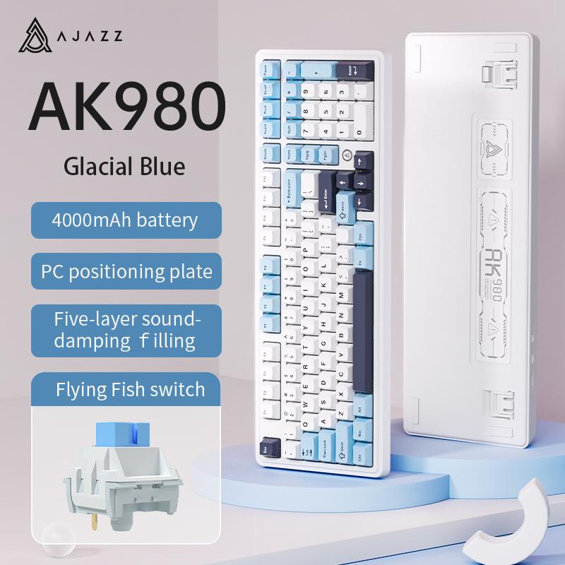 

AJAZZ AK980 Gaming Keyboard Wireless Bluetooth 2.4G Receiver Full Key Hot Swap Mechanical Switches Gaming Office Flying Fish Switch білий/синій