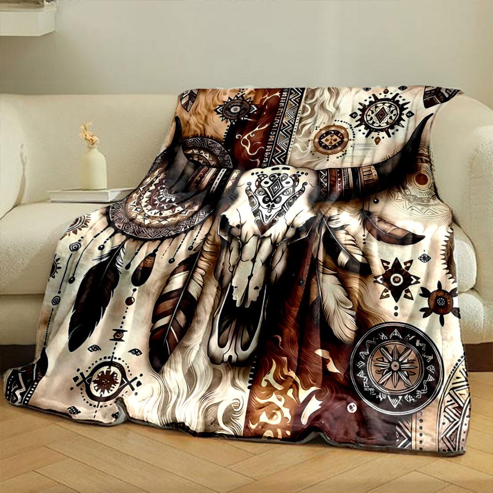 Bohemian Cow Skull Blanket Bedroom Blanket for Livingroom Couch Lunch Break Soft Throw for Friend's Festival Gift