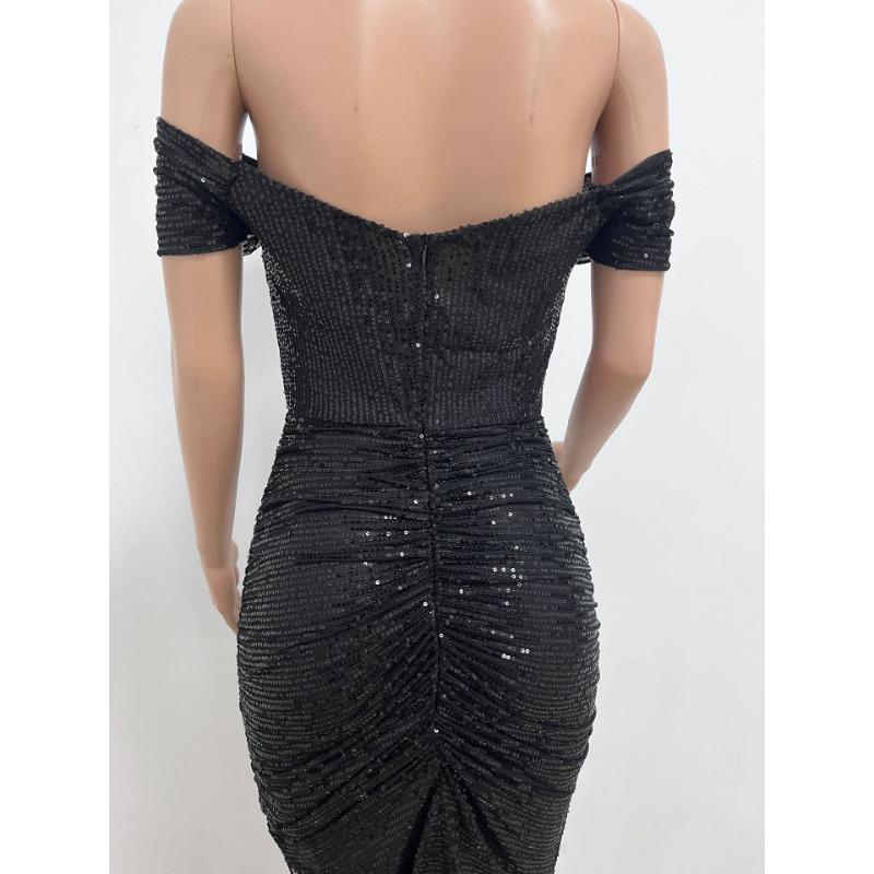 Women's Summer One-line Shoulder French Waist Dress Sequin Bag Hip Mid-length Dress