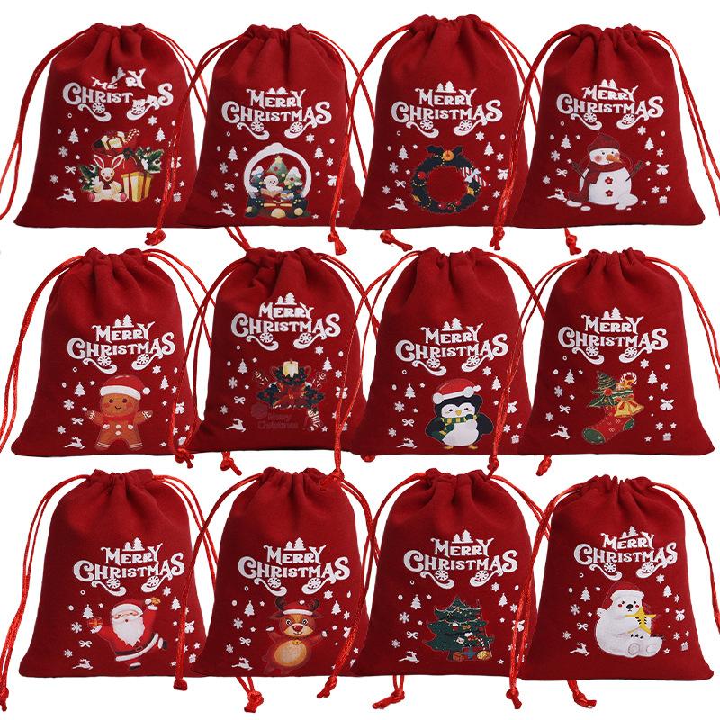

12Pcs Red Christmas Velvet Bags Drawstring Santa Gift Pouch Candy Snack Wrapping Bag Christmas Wedding Party Favors Decoration 10x12cm