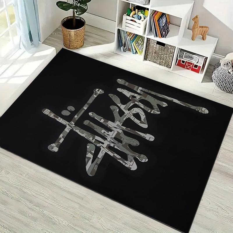 Black Star Texture White Signature Logo Area Rug Non Slip Mat, Dark Starry Street Graffiti Carpet for Living Room Bedroom Decor