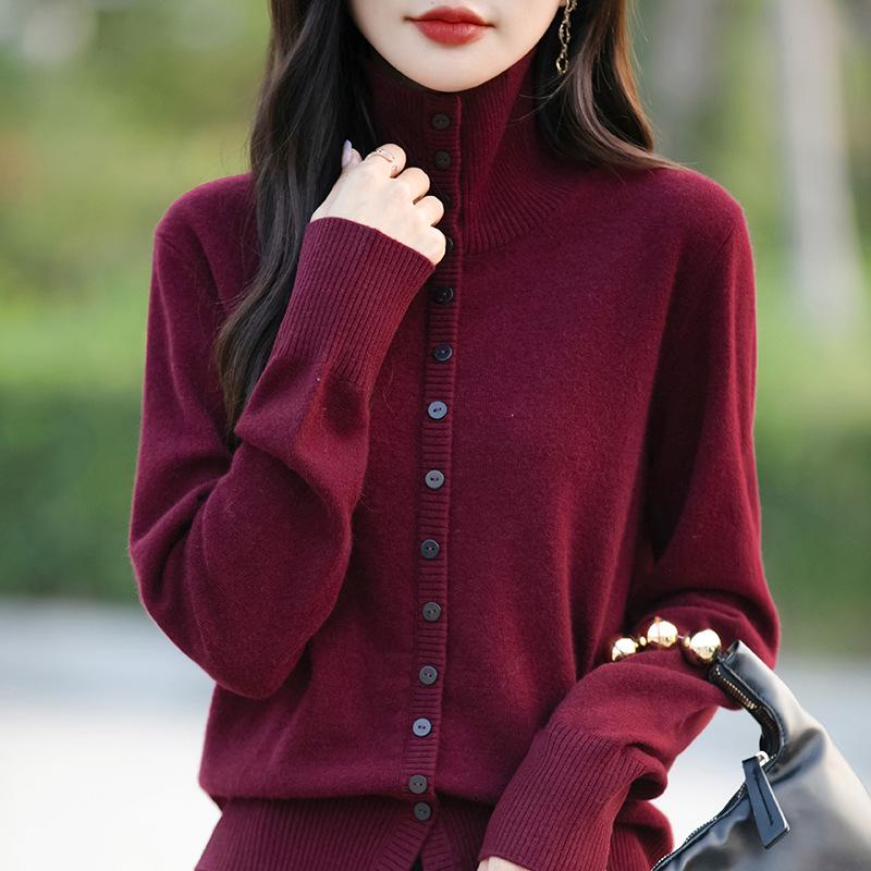 Women's Thick Knit High Collar Cardigan Sweater - Autumn/Winter Loose Long Sleeve Buttoned Jacket