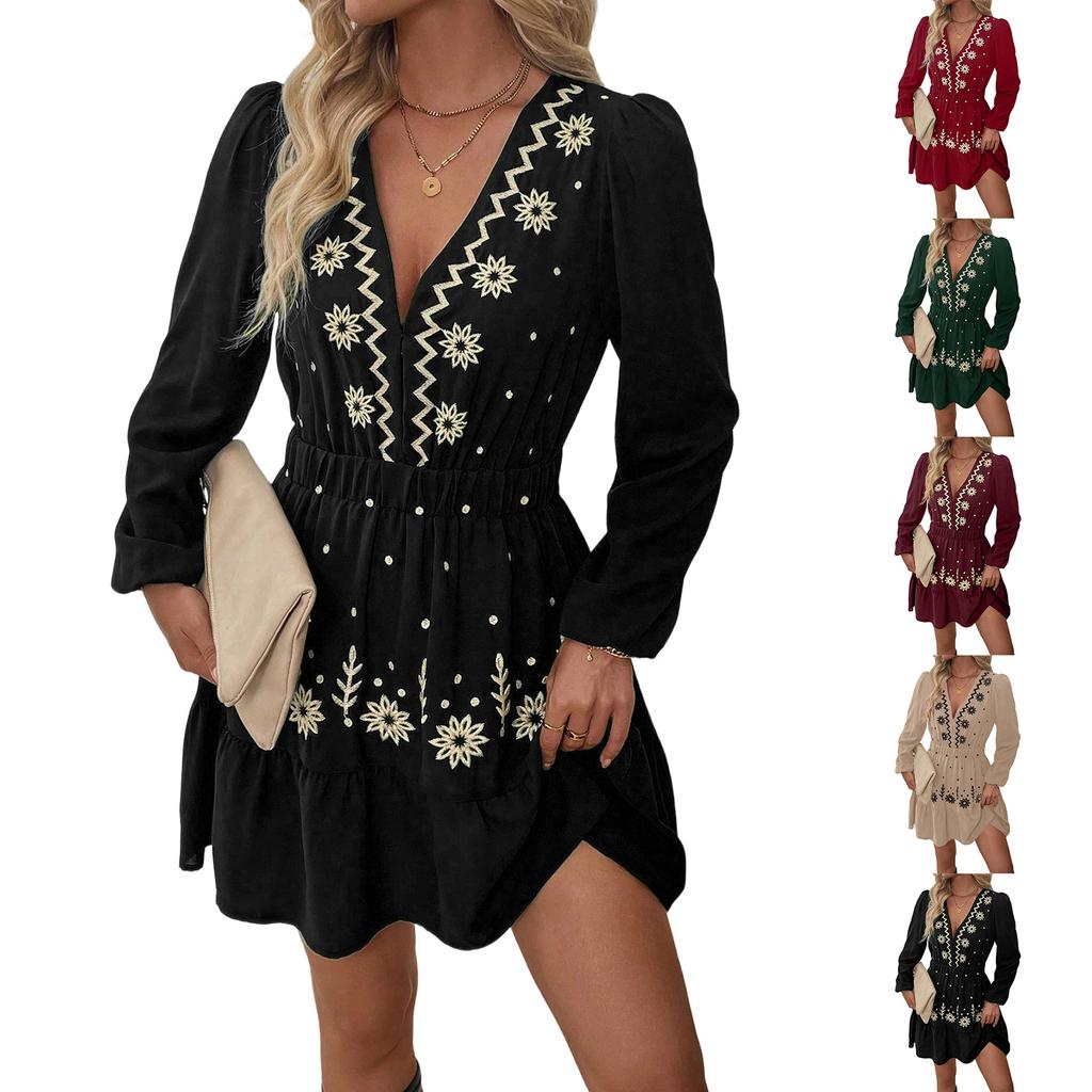 Women's Fashionable Casual Embroidered Deep V-Neck Long-Sleeved Dress