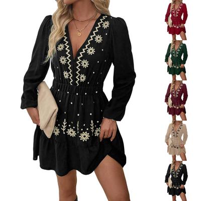 Women's Fashionable Casual Embroidered Deep V-Neck Long-Sleeved Dress