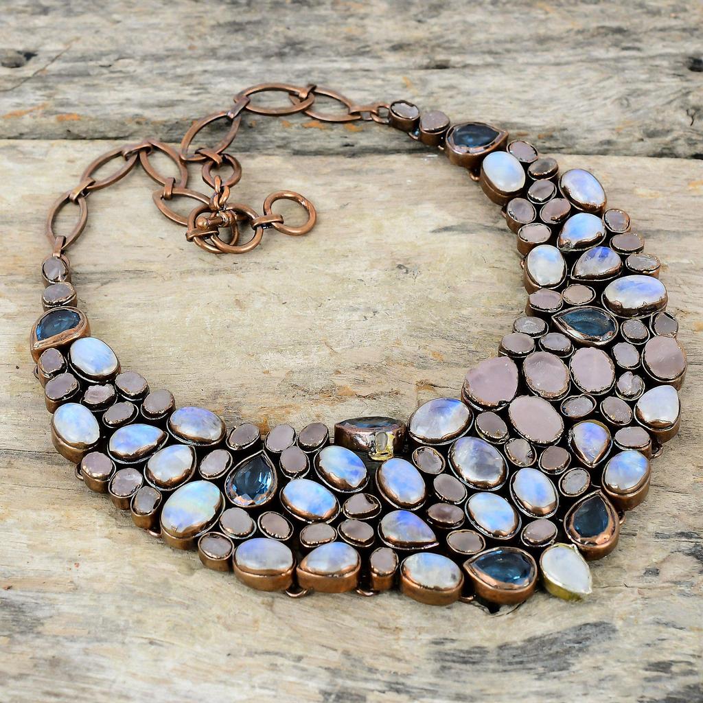 Rainbow Moonstone Necklace Electroformed Copper Necklace Adjustable Chain Necklace Swiss Blue Topaz And Rose Quartz Rough Gemstone Necklace
