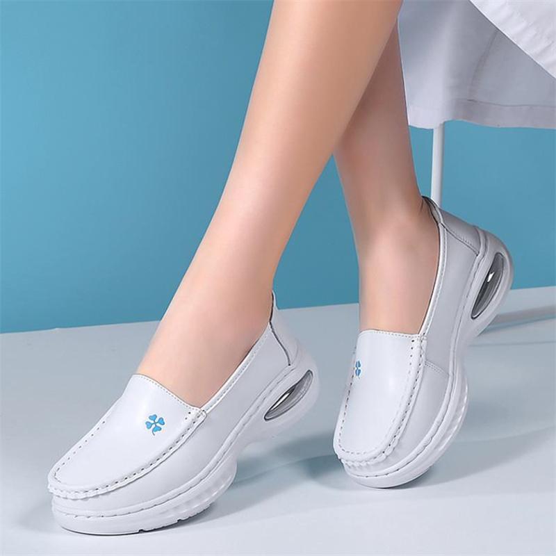 Fashion Women Genuine Leather Wedges Casual Shoes Loafers Soft Nurse Work Shoes Breathable Comfortable Non-slip White Nursing Shoes