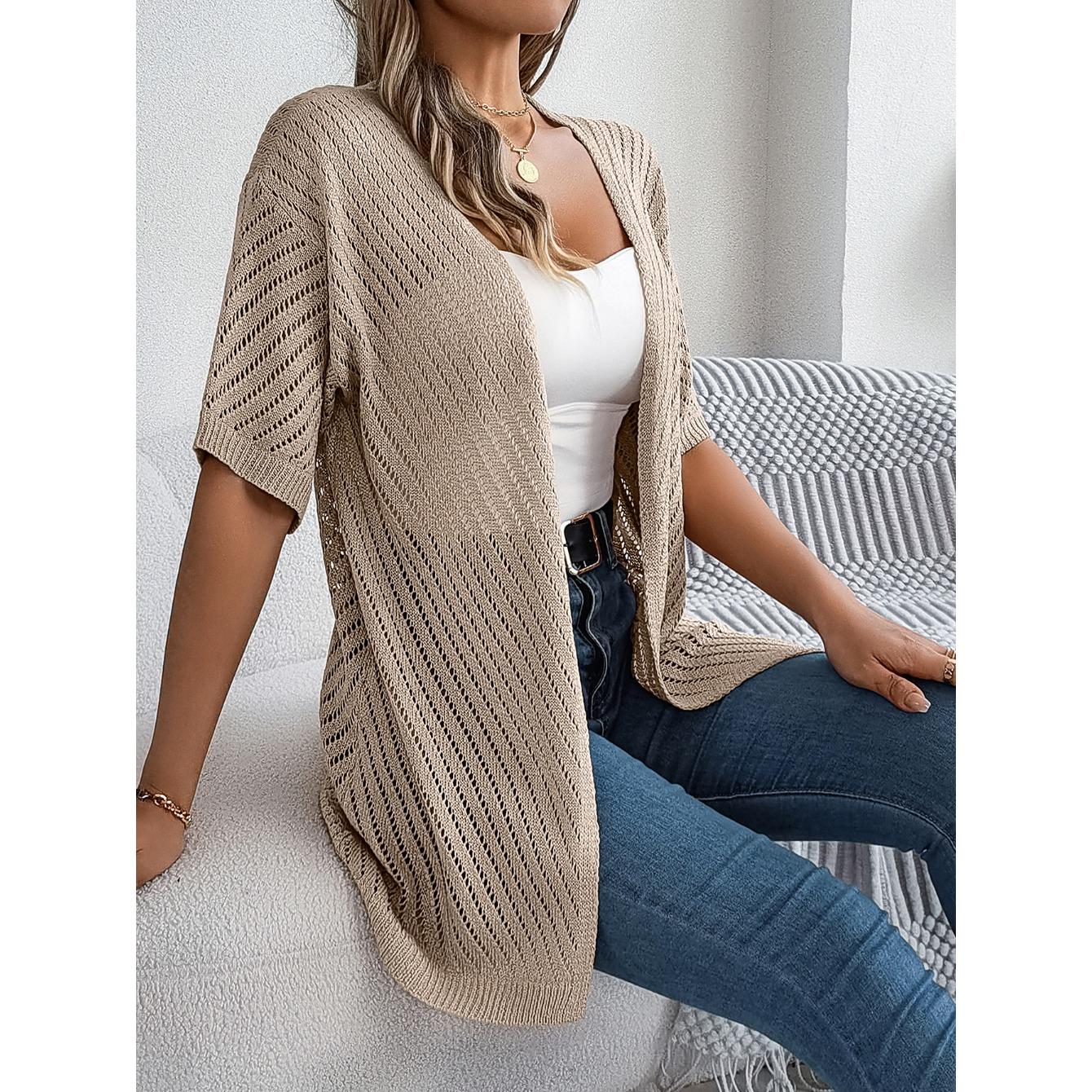 

QICED Summer Hollowed-out Short-sleeved Knitted Cardigan for Vacation Sun Protection Women s Wear L хакі