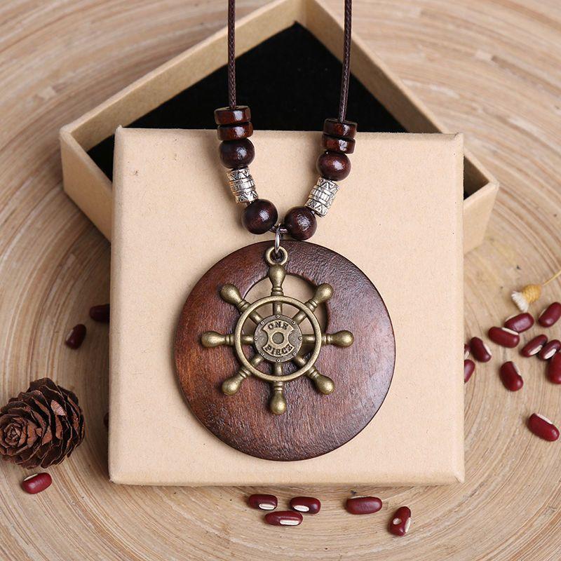Vintage Wooden Owl Leaf Pendant Necklace Boho Ethnic Style Metal Hollow Leaves Necklaces Long Wax Rope Chain for Women Gifts